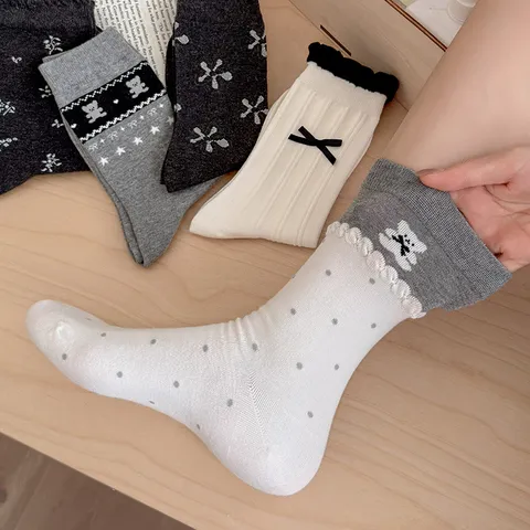 Donne Stile Coreano Carino Orso Cartone Animato Fiocco Pizzo Calzini Tubo Medio Misto Cotone Casual Quotidiano Comodo