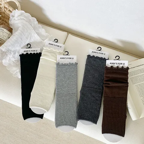 Women Solid Color Ribbed Double Needle Lettuce Edge Stirrup Socks Korean Style Versatile Mid-Calf Slouch Socks