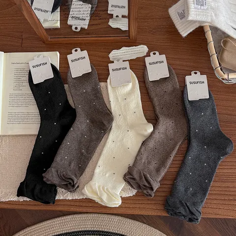 Japanese Retro Polka Dot Women Crew Socks Sweet Bubble Mouth Lace Edge Cotton Blend Slouch Socks Autumn Casual Hosiery