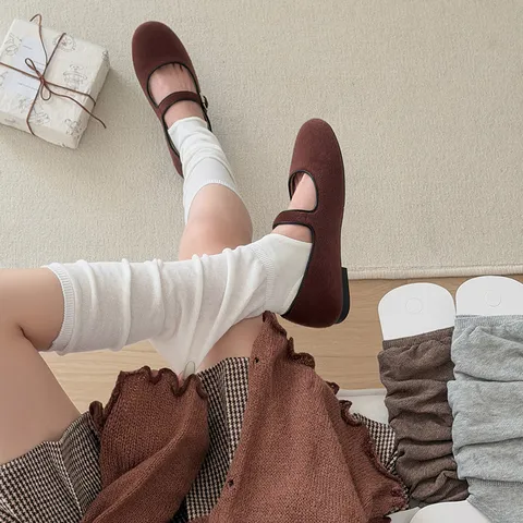Women Korean Style Solid Color Slouch Socks Foot Stirrup Leg Warmers Autumn Fashion Cotton Blend Long Knit Socks