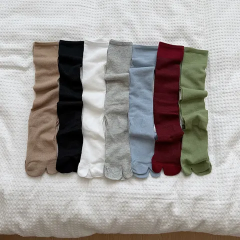 Women Casual Solid Color Split Toe Mid Calf Socks Breathable Mesh Hollow Out Two Toe Soft Hosiery Daily Wear