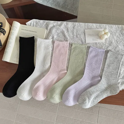 Chaussettes Mi-Hautes en Soie de Mûrier pour Femmes Style Coréen Couleur Unie Bord Roulé Maille Fine Été Respirant