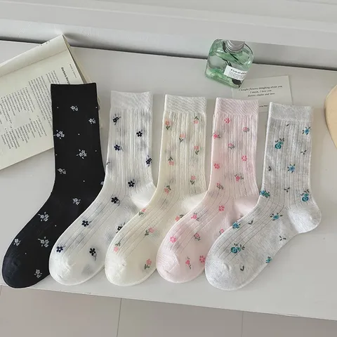 Chaussettes Mi-hautes Douces à Fleurs Maille Ajourée pour Femmes Décontractées Respirantes Mélange de Coton Printemps Été Quotidien