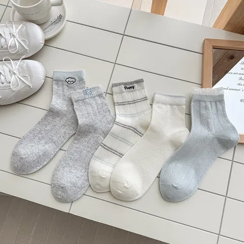 Calzini Corti da Donna con Cucciolo Cartoon Stile Coreano Casual Rigati Pizzo Cotone Traspiranti