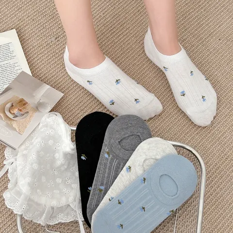 Chaussettes Invisibles Florales pour Femmes Printemps Été Minces Respirantes Maille Coupe Basse avec Anti-dérapant en Silicone