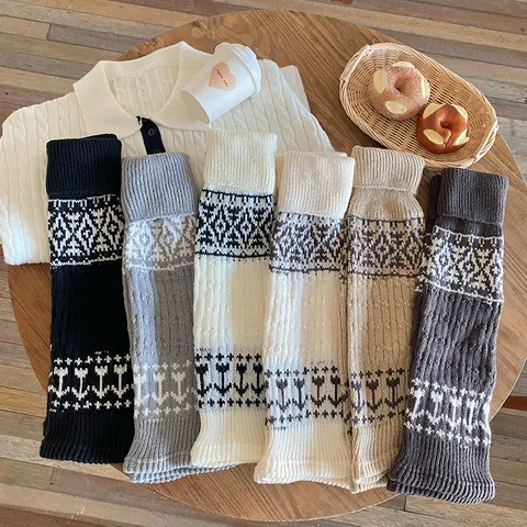 Vintage Fair Isle Strick Stulpen Für Damen Koreanische Slouchy Warme Lange Socken Ärmel Geometrische Muster Herbst Winter Stiefelmanschetten
