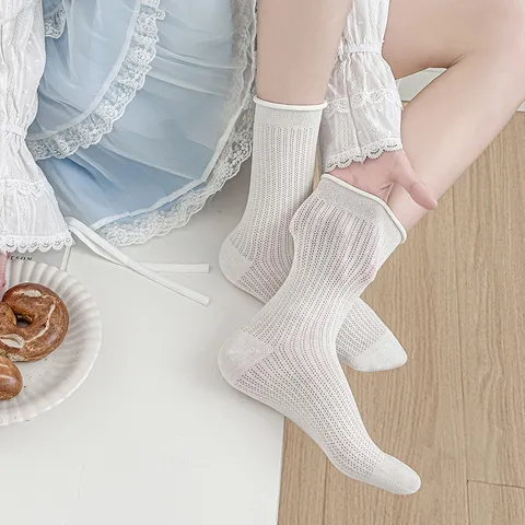 Γυναικείες Casual Κάλτσες Μέσης Γάμπας από Μείγμα Βαμβακιού Άνοιξη Καλοκαίρι Λεπτές Αναπνεύσιμες Μονόχρωμες Ribbed Rolled Edge Crew Socks