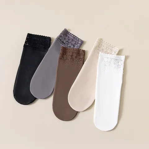 Women's Winter Thermal Fleece Lined Socks Cute Lace Trim Solid Color Short Crew Socks Soft Cozy Sleep Socks