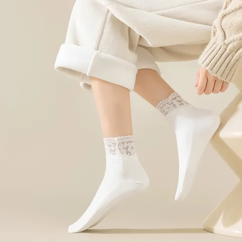 Women's Winter Thermal Fleece Lined Socks Cute Lace Trim Solid Color Short Crew Socks Soft Cozy Sleep Socks