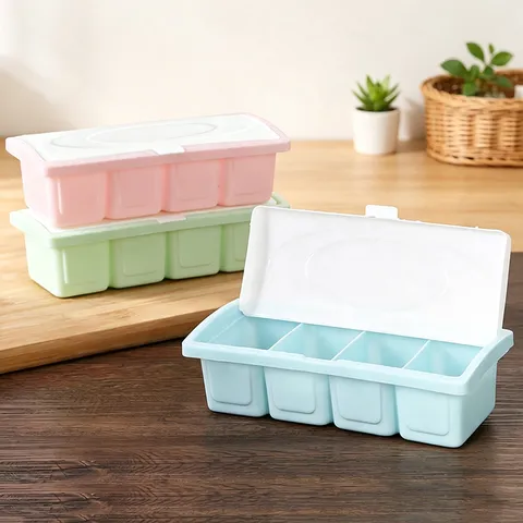 Multifunctional 4-Grid Plastic Seasoning Box Kitchen Spice Container with Lid and Spoon Salt Storage Organizer