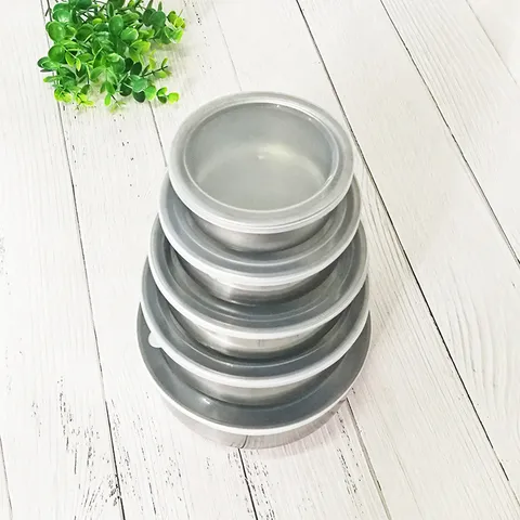 Stainless Steel Round Food Storage Crisper Bowl Set With Airtight Lids Five Piece Nested Kitchen Meal Prep Containers