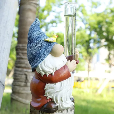 Garden Gnome Rain Gauge Resin Ornament Cute Cartoon Dwarf Statue With Clear Scale Tube For Outdoor Yard Courtyard Decor