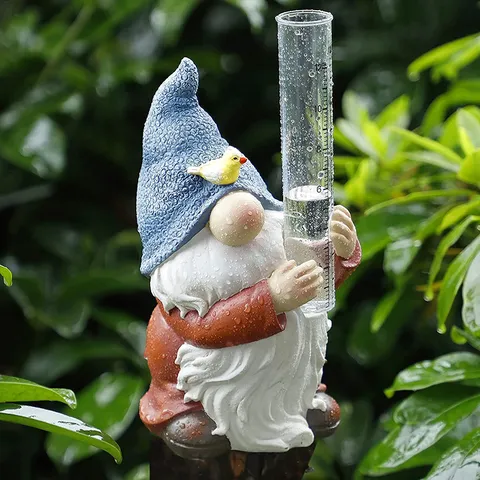 Garden Gnome Rain Gauge Resin Ornament Cute Cartoon Dwarf Statue With Clear Scale Tube For Outdoor Yard Courtyard Decor
