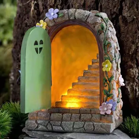 Solar Powered Resin Fairy Door Garden Ornament LED Light Miniature Fairy Tale Elf Decor For Outdoor Yard Landscape