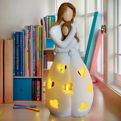 Resin Moeder En Dochter Knuffelen LED Kandelaar Warm Licht Hart Hol Be Figura Woondecoratie Cadeau