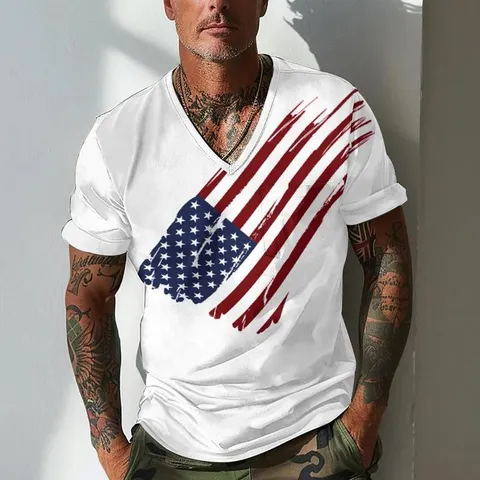 Men's Casual V-Neck Short Sleeve T-Shirt Vintage American Flag Print Mesh Breathable Athletic Sportswear Tops