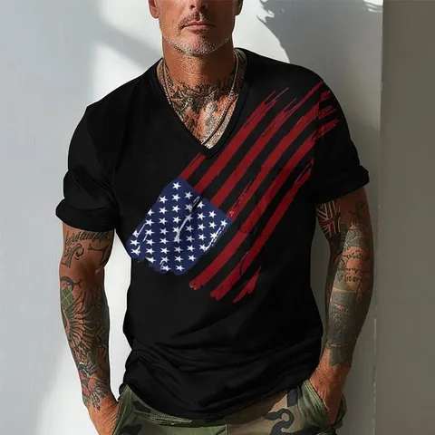 Men's Casual V-Neck Short Sleeve T-Shirt Vintage American Flag Print Mesh Breathable Athletic Sportswear Tops