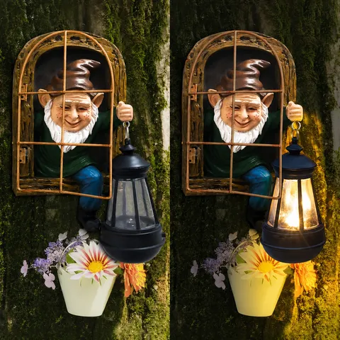 Iliako Agalma Gnome Kipou Figoura Resin Dwarf Exoterikou Chorou AdiaVrocho Diakosmisi Avlis Me Fos LED Iliako Fanari