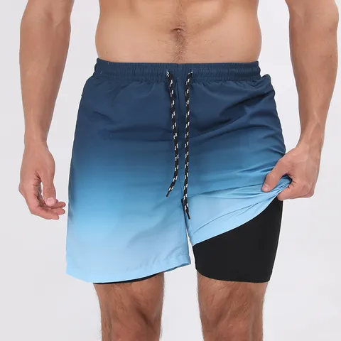 Uomini Asciugatura Rapida Doppio Strato Pantaloncini Da Bagno Casual Sportivi Pantaloncini Da Spiaggia Con Coulisse