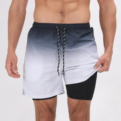 Uomini Asciugatura Rapida Doppio Strato Pantaloncini Da Bagno Casual Sportivi Pantaloncini Da Spiaggia Con Coulisse