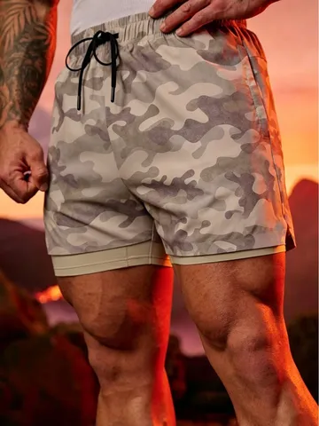 Men's Camouflage Sports Shorts Double Layer Quick Dry Fitness Training Casual Running Workout Active Bottoms