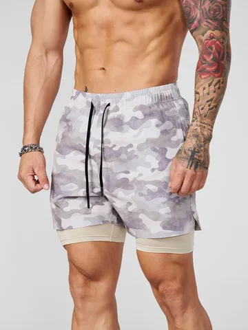 Men's Camouflage Sports Shorts Double Layer Quick Dry Fitness Training Casual Running Workout Active Bottoms