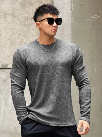 Herren Casual Langarm T-Shirt Herbst Winter Slim Fit Rundhals Einfarbig Strukturierter Pullover Sport Top