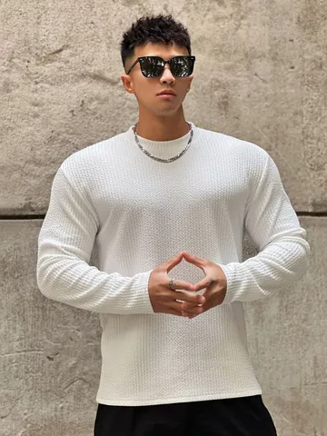 Herren Casual Langarm T-Shirt Herbst Winter Slim Fit Rundhals Einfarbig Strukturierter Pullover Sport Top
