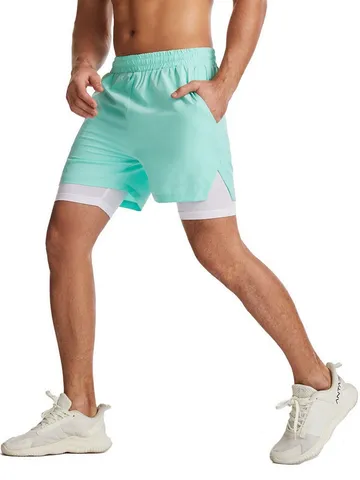 Hombres Secado Rápido Doble Capa Running Shorts Ligero Transpirable Atlético Gimnasio Entrenamiento Partes Inferiores Con Bolsillos