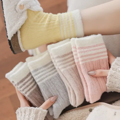 Damen Winter Fleece Gefüttert Wadenhoch Socken Koreanisch Kontrastfarbe Gestreift Slouch Socken Thermische Nylon Socken Warme Strümpfe