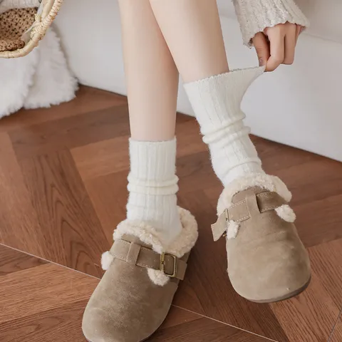 Damen Verdickte Warme Slouch Socken Gerippte Wadenhohe Socken Einfarbig Herbst Winter Geraut Weich Atmungsaktiv Mode Mittlere Röhre Socken