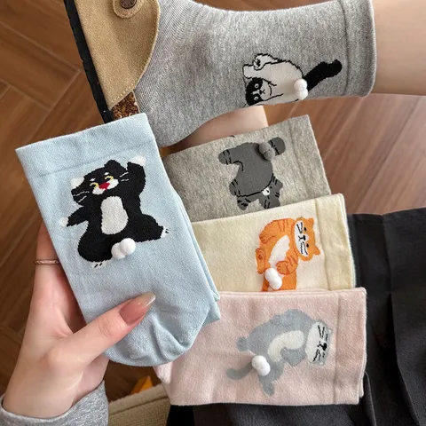 Chaussettes Mi-mollet Chat de Dessin Animé Mignon Pompon 3D Motif Animal Mélange de Coton Chaussettes Respirantes pour Hommes Femmes Cadeau