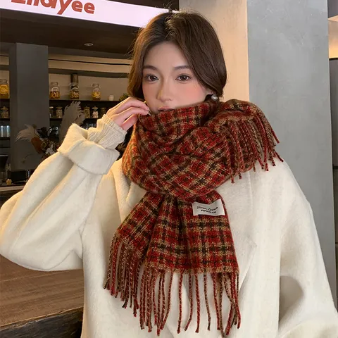Damen Herbst Winter Karo Schal Klassisch Kariert Quaste Warm Lang Hals Schal Casual Mode Vielseitig Winter Accessoires