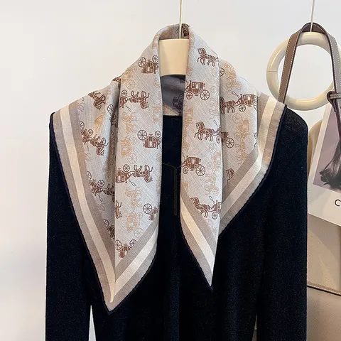 Damen Seide Wolle Quadratischer Schal Vintage Kutsche Print Zweifarbig Halstuch Mode Weicher Schal Wrap Für Herbst Winter