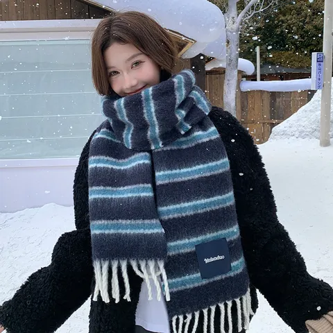 Koreanischer Stil Gestreifter Wollmischung Schal Für Damen Herbst Winter Warm Lässig Vielseitig Langer Quasten Schal Halstuch