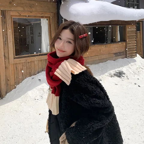 Winter Verdickter Warmer Gestrickter Schal Im Koreanischen Stil Retro Farbblock Weicher Winddichter Langer Schal Für Damen