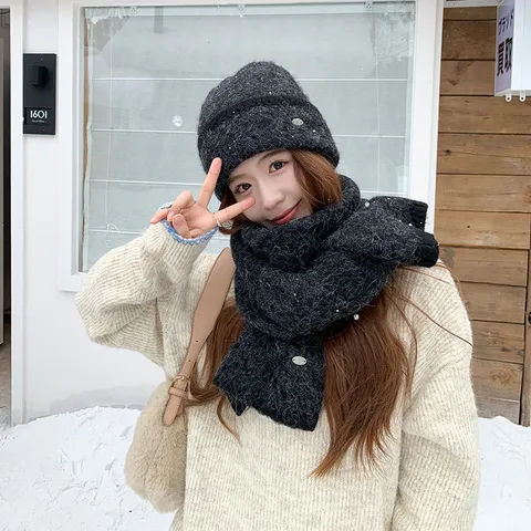 Unisex Invierno Cálido Tejido Mezcla De Lana Bufanda Y Gorro Color Sólido Casual Suave Gorro Bufanda Accesorio A Juego