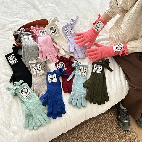 Koreanischer Stil Süßer Buchstaben-Aufnäher Gestrickte Handschuhe Outdoor Warm Kältesicher Touchscreen Wollmischung Handschuhe Für Damen