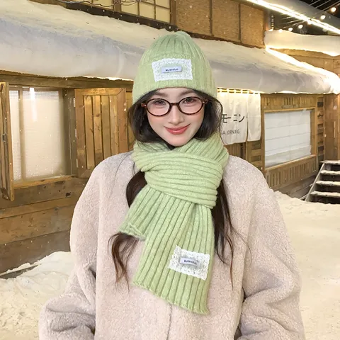 Winter Warm Gestrickte Mütze Und Schal Set Für Damen Einfarbig Spitzenaufnäher Thermische Kalte Wetter Mütze Schal