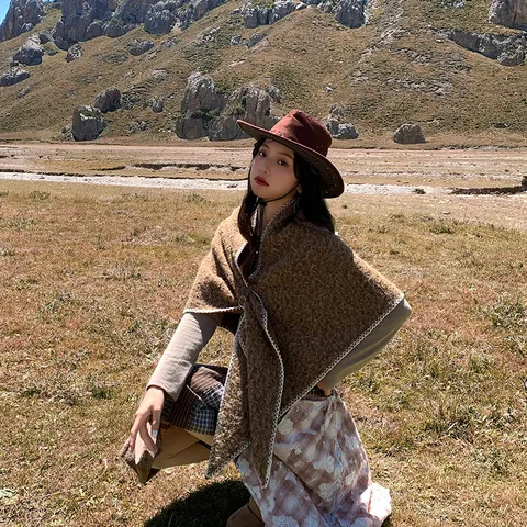 Damen Winter Warmer Wollmischung Schal Ethenischer Stil Verdichteter Winddichter Cape Poncho Lässiger Wickelschal