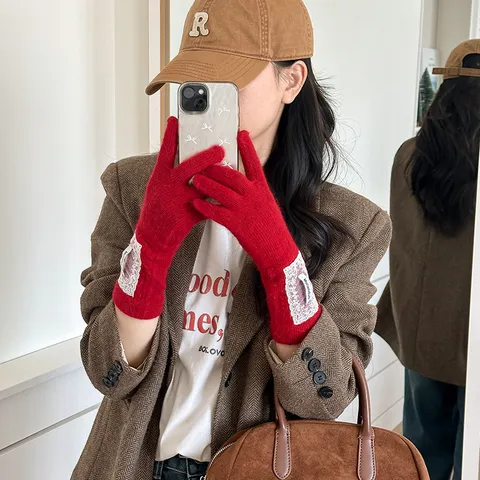 Damen Koreanischer Stil Winter Warm Gestrickte Handschuhe Elegante Spitze Patchwork Weich Touch Casual Fäustlinge Mode Zubehör