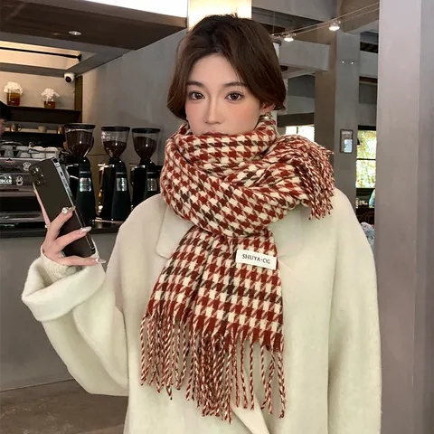 Damen Winter Warmer Hahnentritt Karo Schal Klassischer Quasten Langer Schal Weicher Casual Halsschal Festliches Urlaubsgeschenk