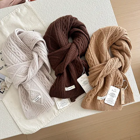 Damen Winter Warm Wollschal Weich Einfarbig Zopfmuster Schal Casual Mode Nackenschutz Langer Schal