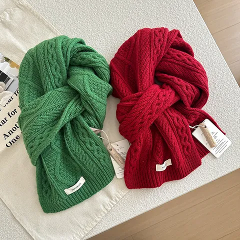 Damen Winter Warm Wollschal Weich Einfarbig Zopfmuster Schal Casual Mode Nackenschutz Langer Schal