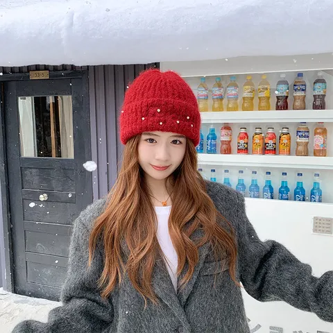 Winter Warm Wollmischung Strick Beanie Mütze Für Damen Verdickte Perlen Bestickt Weich Casual Einfarbig Kaltes Wetter Skimütze