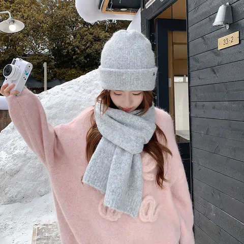 Damen Winter Warm Knitted Schal Und Mütze Set Einfarbig Weich Verdickt Nackenschutz Mode Casual Kaltes Wetter Zubehör