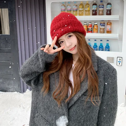 Winter Warm Wollmischung Strick Beanie Mütze Für Damen Verdickte Perlen Bestickt Weich Casual Einfarbig Kaltes Wetter Skimütze