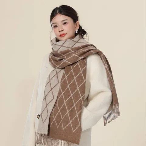 Damen Winter Warm Wollmischung Schal Elegant Rautenmuster Jacquard Lang Quasten Tuch Mode Lässig Halswärmer
