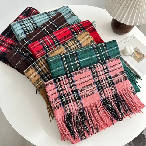Classic Plaid Faux Cashmere Scarf Women Winter Warm Tassel Long Wrap Shawl Elegant Casual Soft Daily Scarves