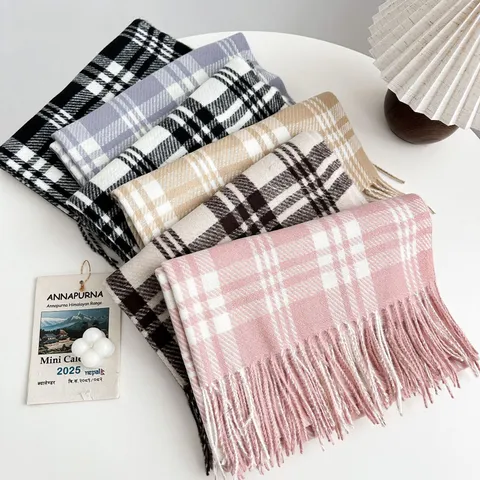 Herfst Winter Mode Ruit Sjaal Voor Dames Minimalistische Stijl Kasjmier-Gevoel Warme Sjaal Klassieke Franjes
